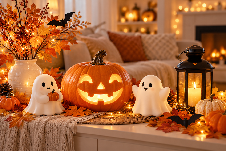 Gemütliche Halloween Dekoration mit Kürbis, süßen Geistern, Herbstlaub und warmer Beleuchtung