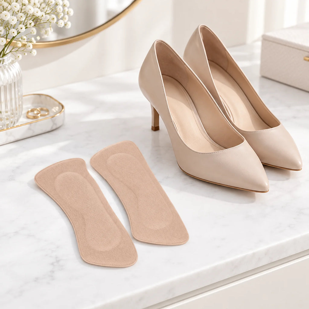 Beige Fersenpolster neben neutralen Schuhen