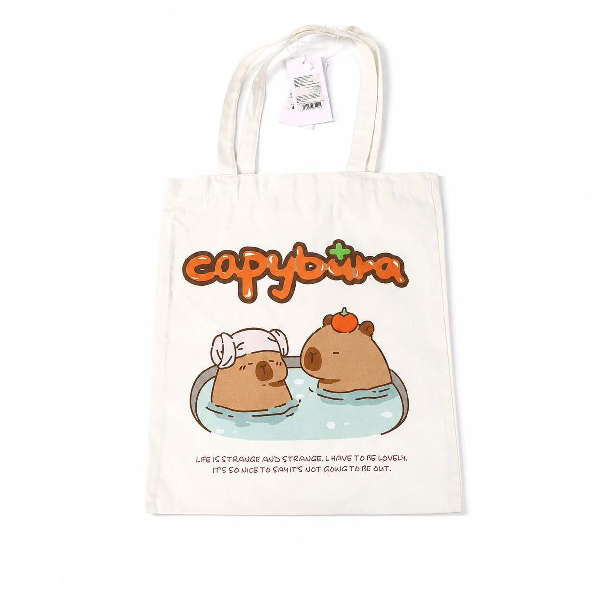 Helle Capybara Tragetasche mit Thermalbad Motiv auf weißem Hintergrund