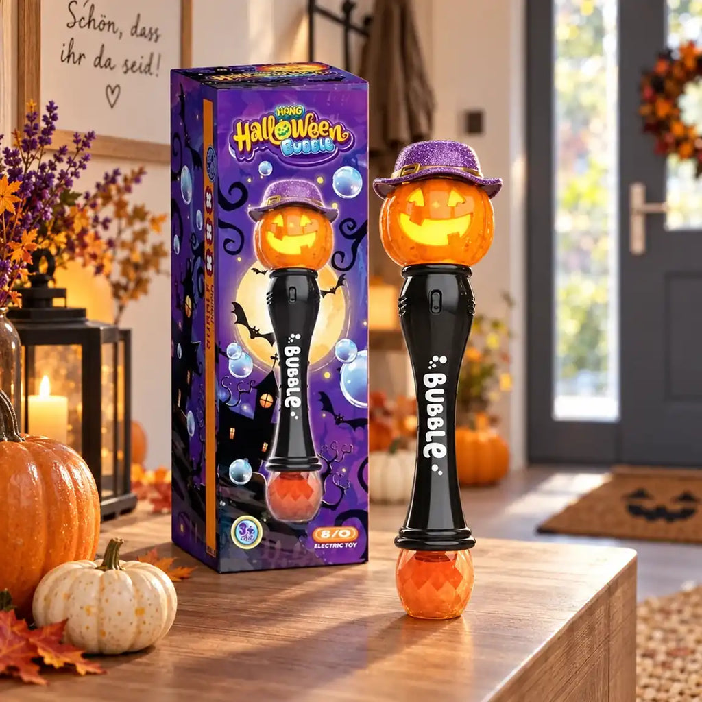 Elektrischer Halloween Seifenblasenstab mit Kürbis und Verpackung