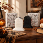 Weiße und schwarze Halloween Duftkerzen in Grabsteinform mit Verpackung