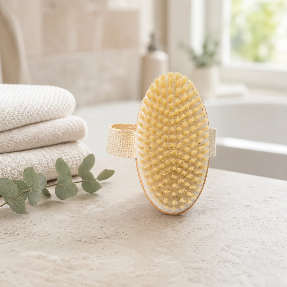 Ovale MUMUSO Badebürste mit Naturborsten im Badezimmer