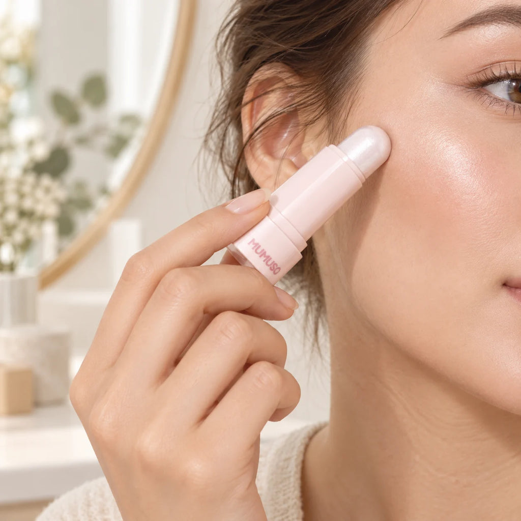 Highlighter Stick wird auf dem Wangenknochen aufgetragen