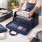 Reisende packt Kleidung in die navyblaue Aufbewahrungstasche