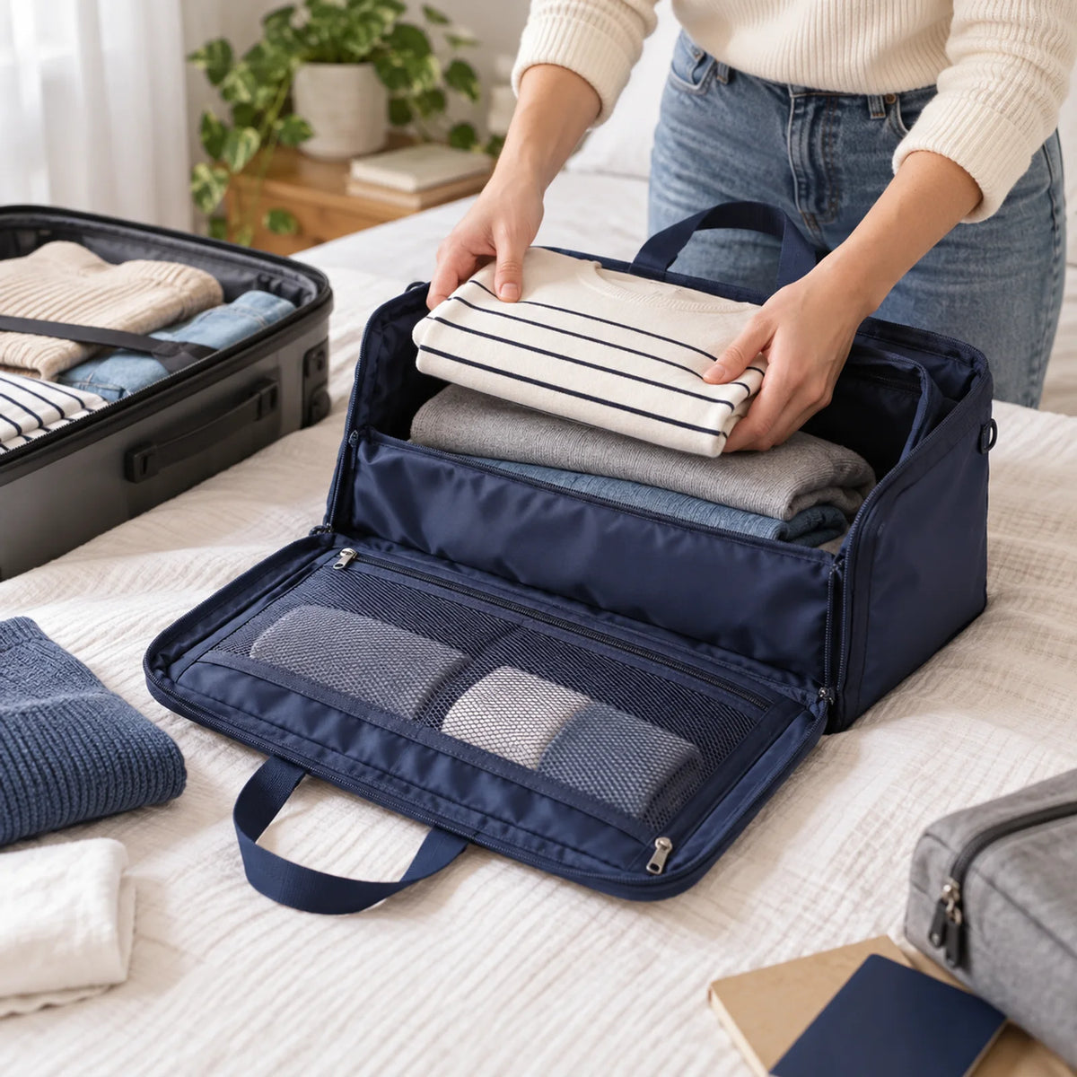 Reisende packt Kleidung in die navyblaue Aufbewahrungstasche