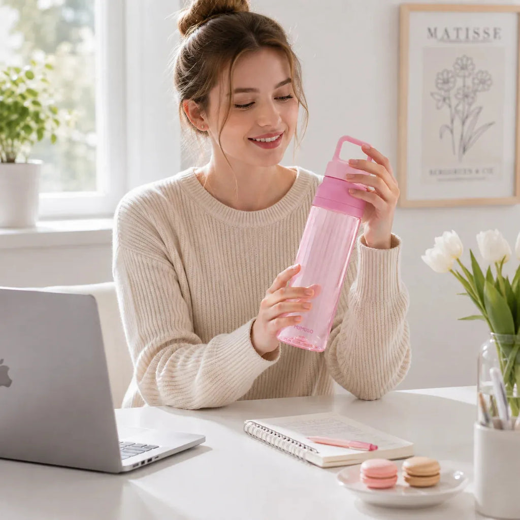 Macaron Trinkflasche in Rosa in der Anwendung