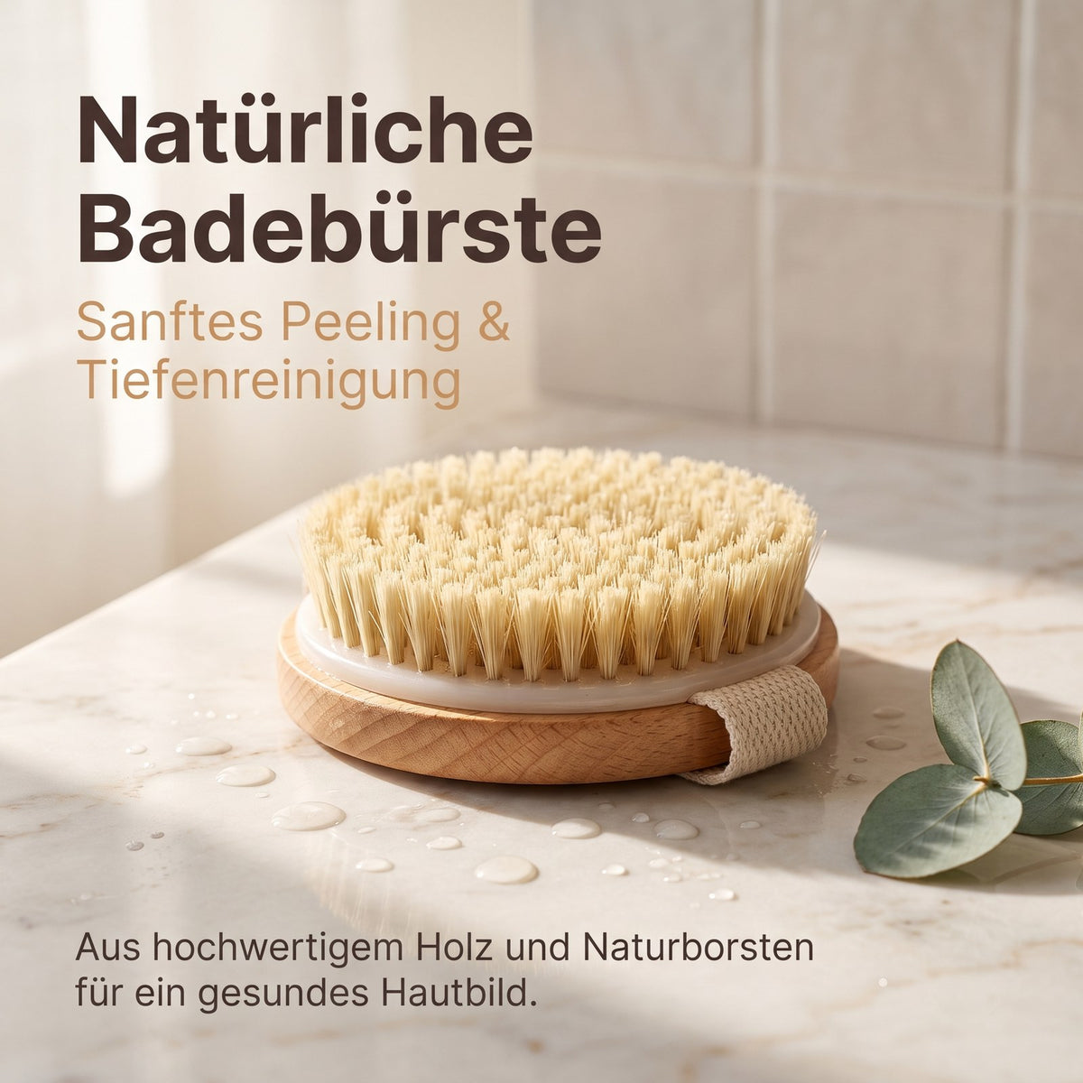 Runde Badebürste mit Handschlaufe für sanftes Peeling und Tiefenreinigung
