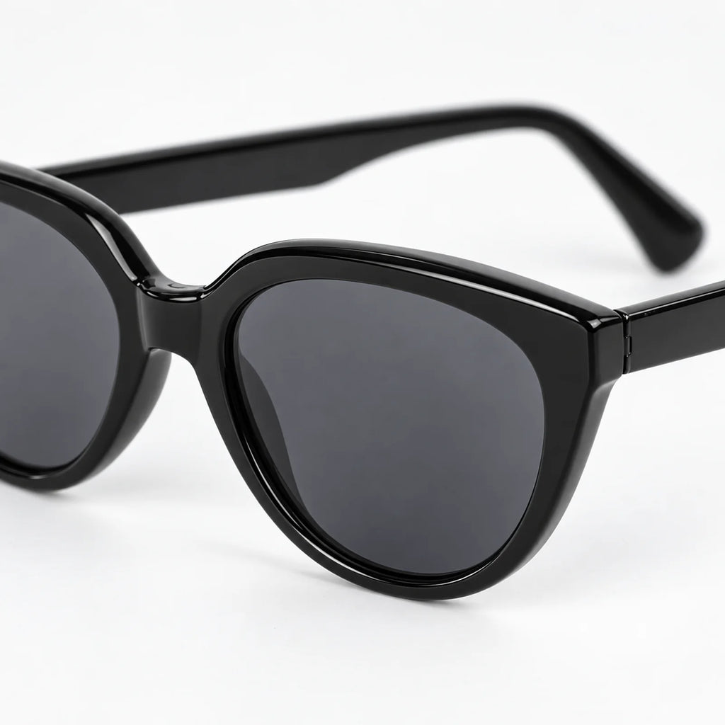 Detailansicht von Rahmen, Gläsern und Scharnier der schwarzen Sonnenbrille