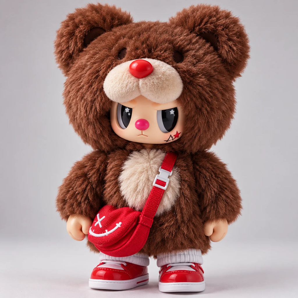 Detailansicht einer Rebel Bear Figur mit Tasche