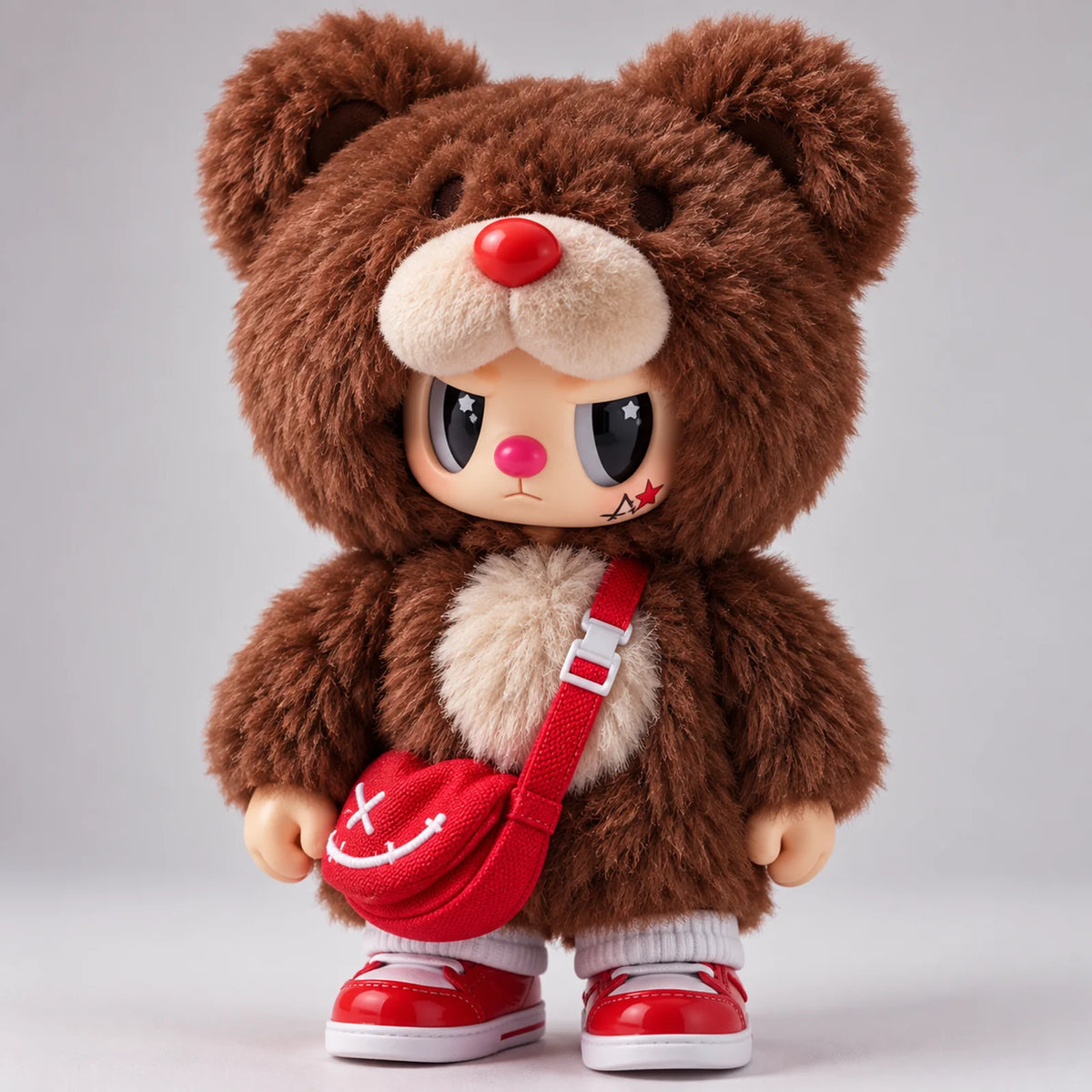 Detailansicht einer Rebel Bear Figur mit Tasche