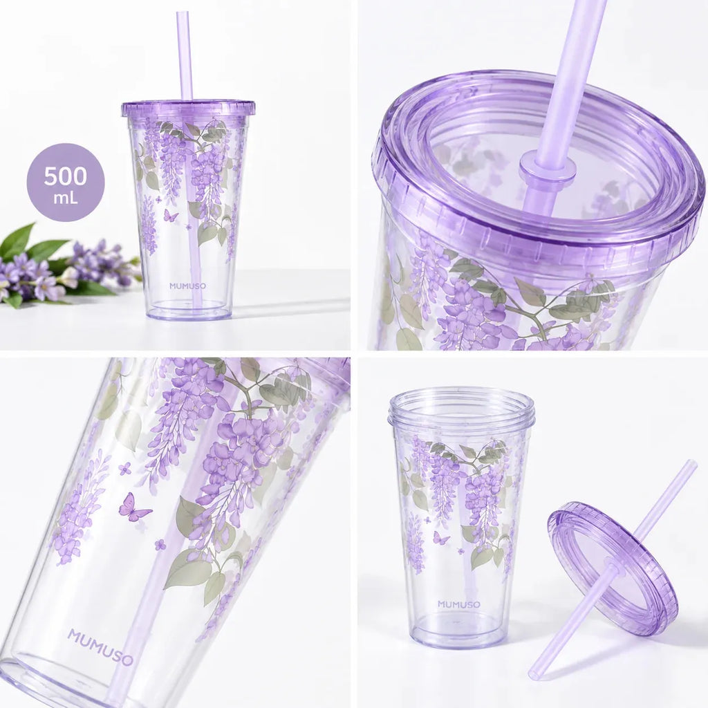 Floral Trinkbecher in Lila mit Detailansichten von Deckel und Strohhalm