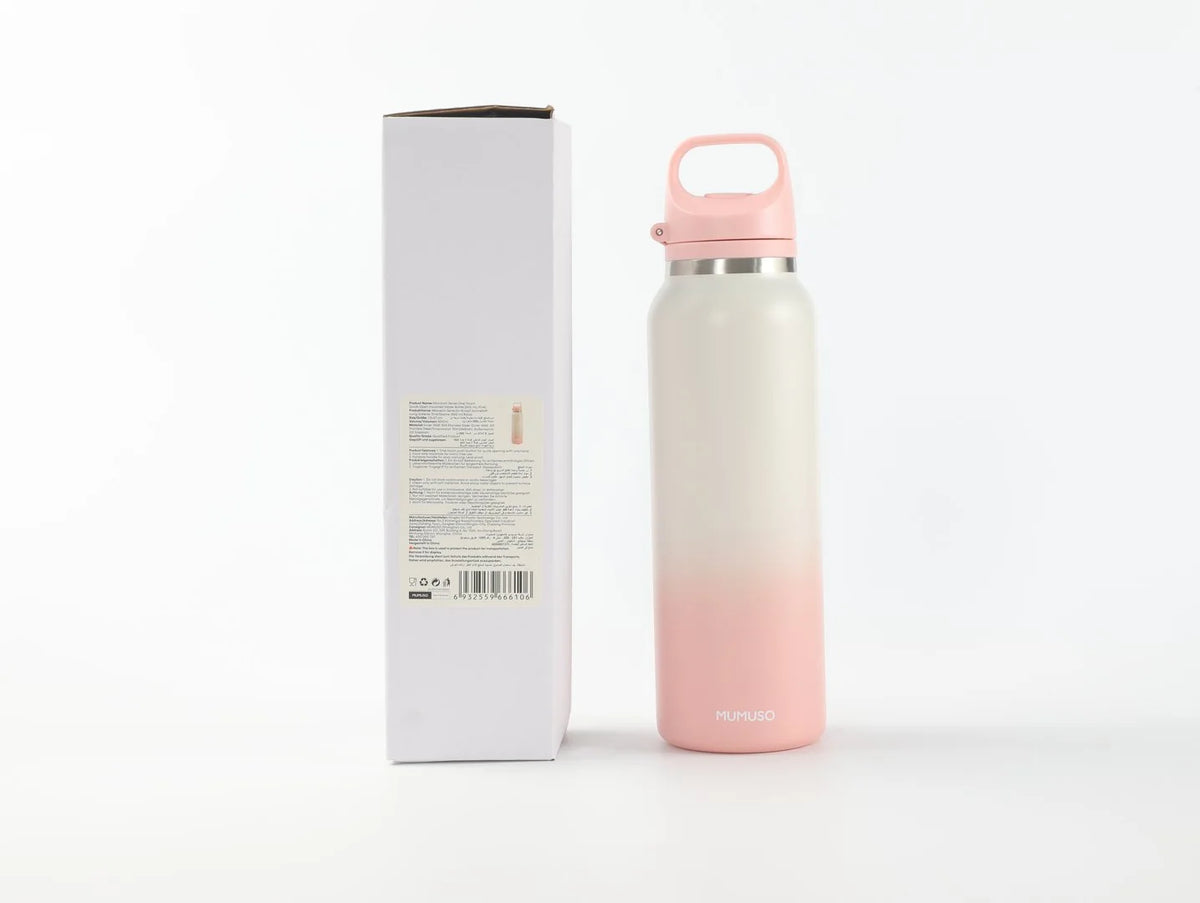 Macaron Isolierflasche in Rosa mit Produktverpackung