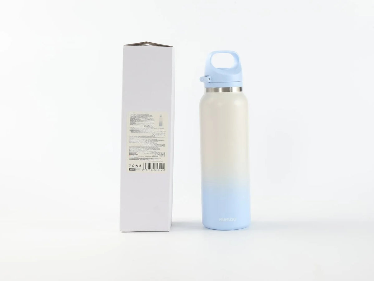 Macaron Isolierflasche in Blau mit Produktverpackung