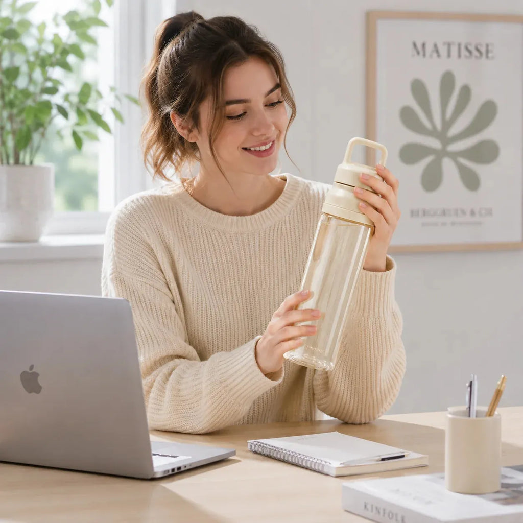 Macaron Trinkflasche in Beige in der Anwendung