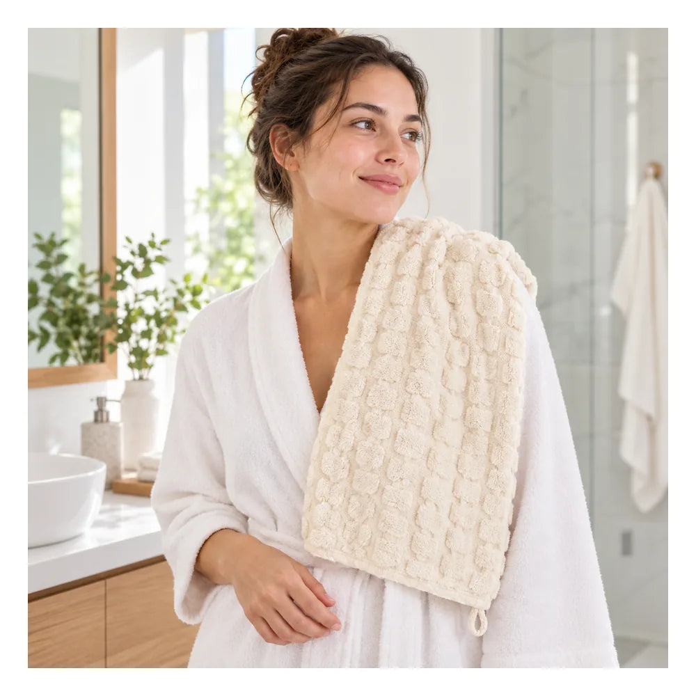 Frau mit beigem Macaron Series Gesichtstuch im Badezimmer
