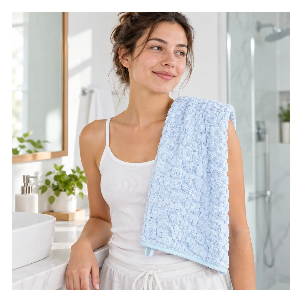 Frau mit hellblauem Macaron Series Gesichtstuch im Badezimmer