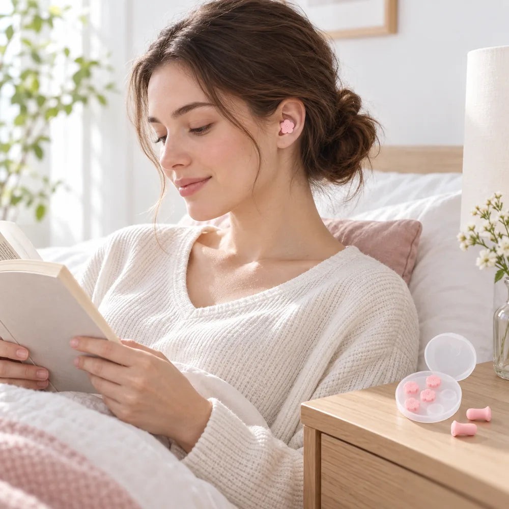 Frau trägt einen rosa Blumen Ohrstöpsel beim Lesen im Schlafzimmer