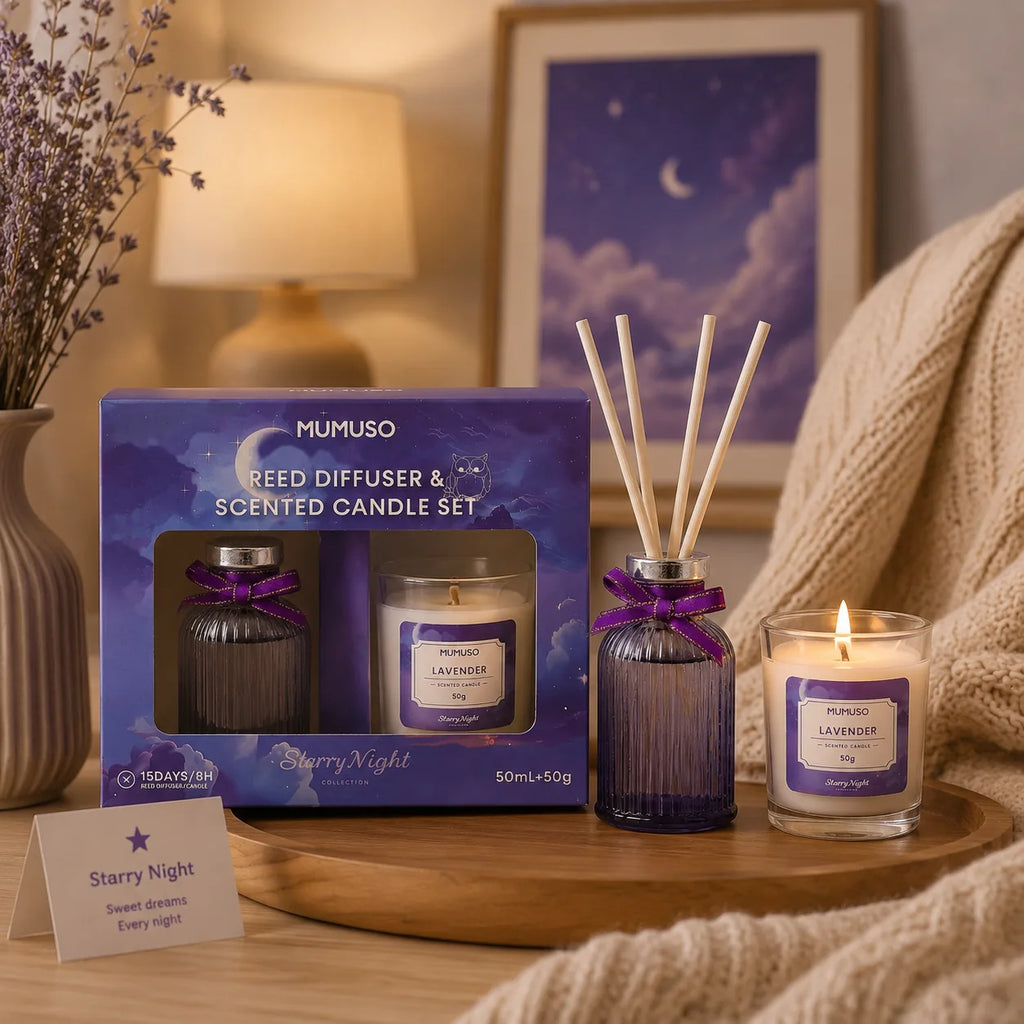 Starry-Night-Raumduft-Diffuser- und Lavendel-Duftkerzen-Set in einer gemütlichen Wohnszene