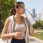 Florale Isolierflasche mit blauem Tragegriff in einer Alltagsszene