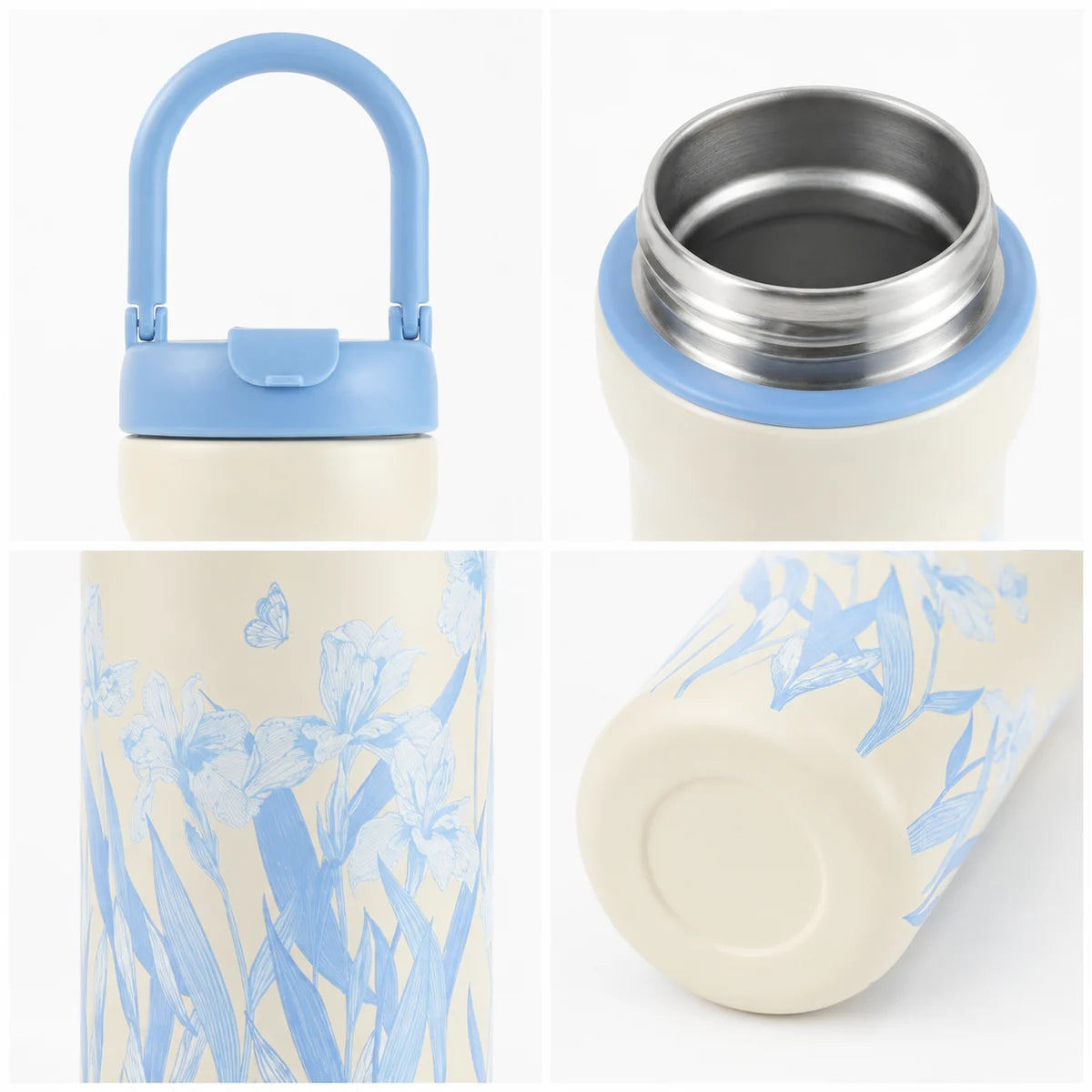 Details der floralen Isolierflasche mit blauem Tragegriff