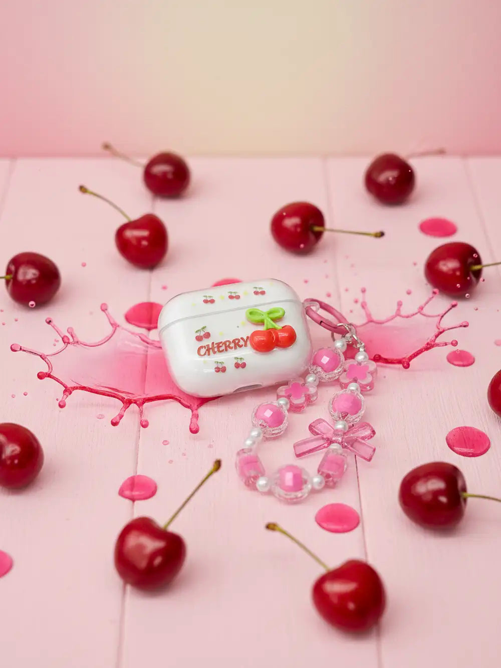 TPU-Case mit Kirsch-Design und Gliederkette für AirPods Pro 2 (Weiß/Pink)