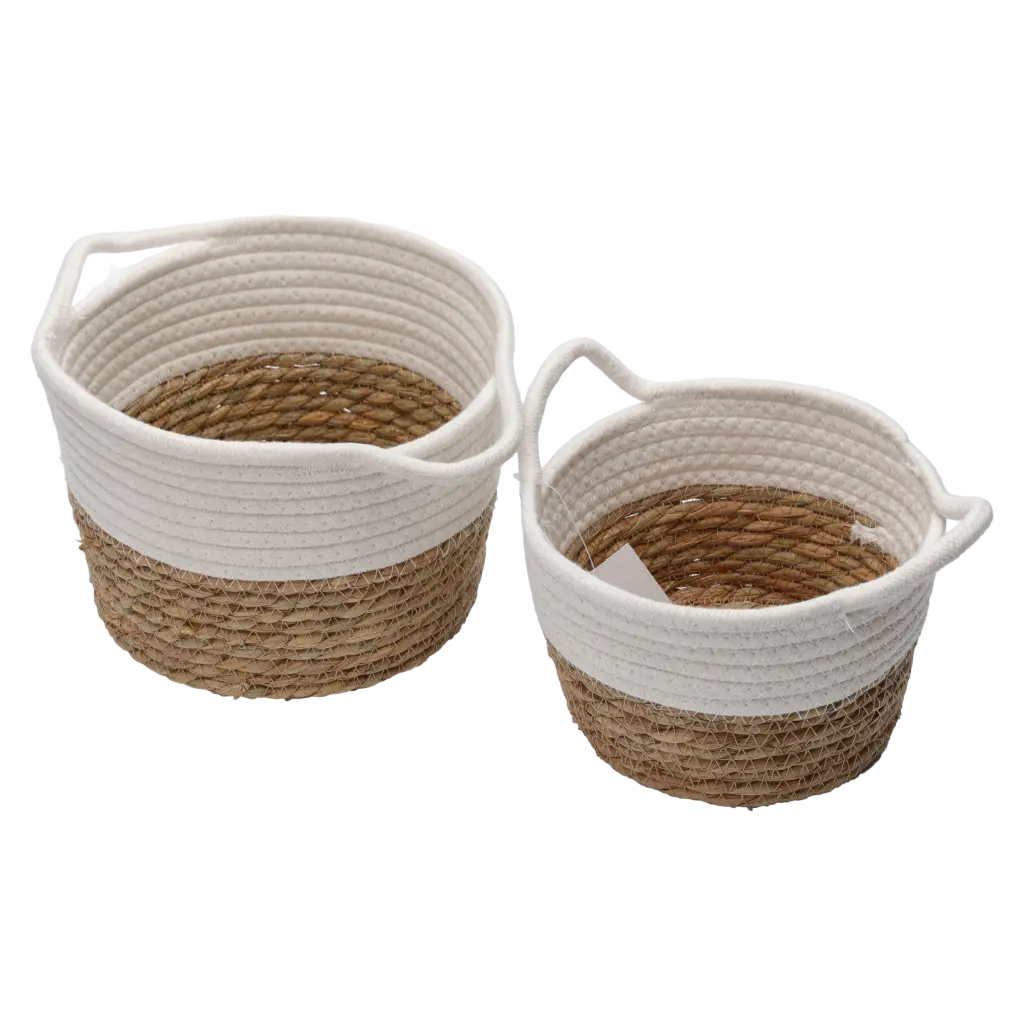Runder Aufbewahrungskorb aus Polyester-Baumwoll-Garn und Strohseil, 2,5 L (Weiß/Natur)