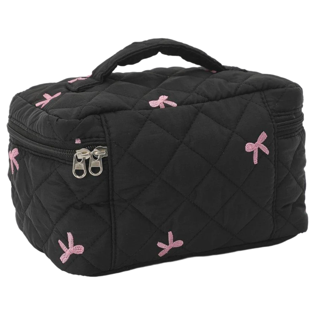 Schleifenbestickte Kosmetiktasche aus gequilteter Baumwolle (Schwarz) – Detailansicht