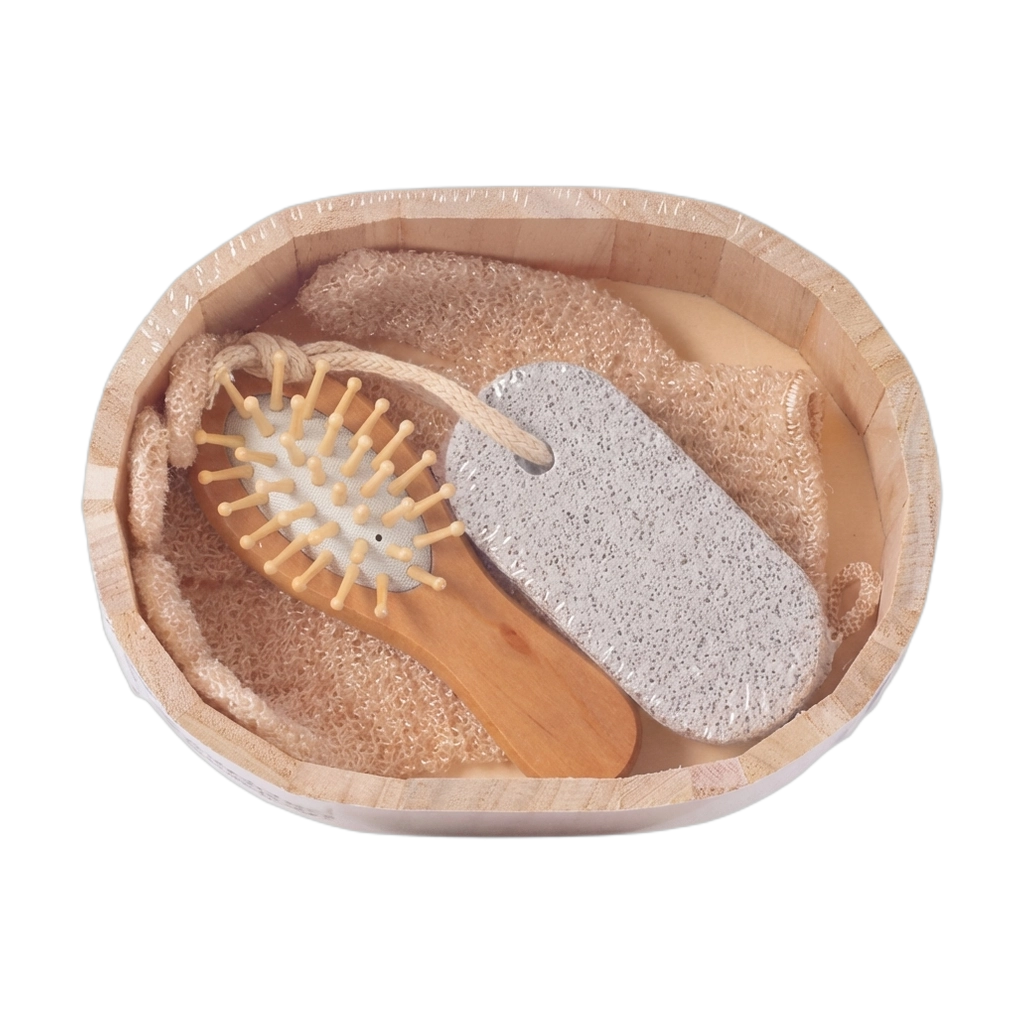 Badezubehör-Set mit Holz-Haarbürste und Bimsstein (Natur)
