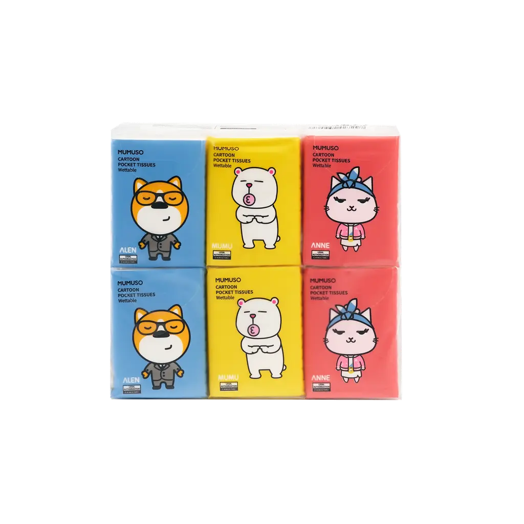 Feuchttücher aus natürlichem Zellstoff, Taschenformat mit Cartoon-Design (Pink/Gelb/Blau)