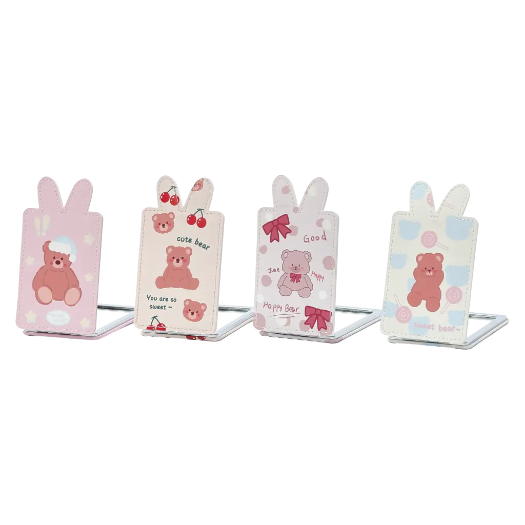 Klappbarer Taschenspiegel aus Polyurethan und Glas mit Kaninchen-Design (Beige/Rosa/Hellblau/Grau)