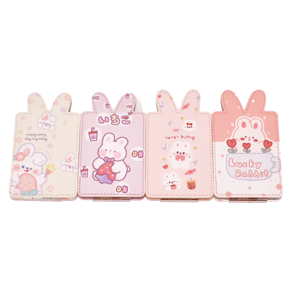 Klappbarer Taschenspiegel aus Polyurethan und Glas mit Kaninchen-Design (Beige/Rosa/Hellblau/Grau)