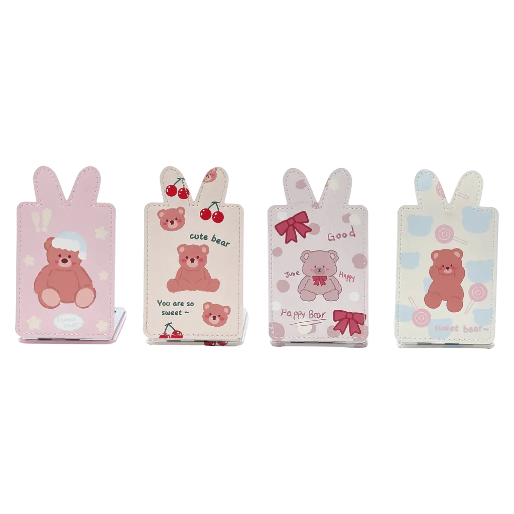Klappbarer Taschenspiegel aus Polyurethan und Glas mit Kaninchen-Design (Beige/Rosa/Hellblau/Grau)