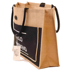 Große Jute-Tasche mit Fronttasche aus Baumwolle-Jute-Mix (Natur/Schwarz)