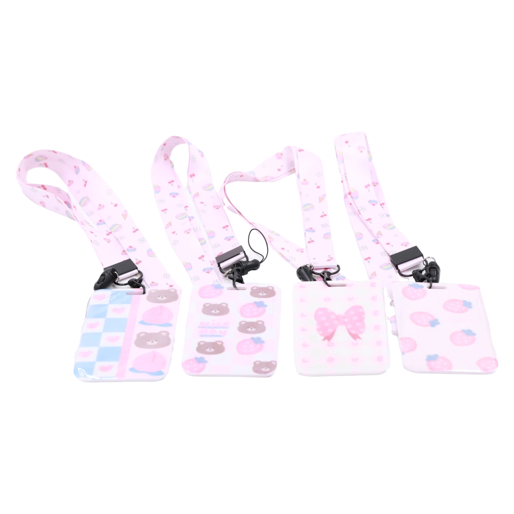 Ausweishalter mit Band und niedlichem Print (Rosa/Blau/Weiß/Braun)