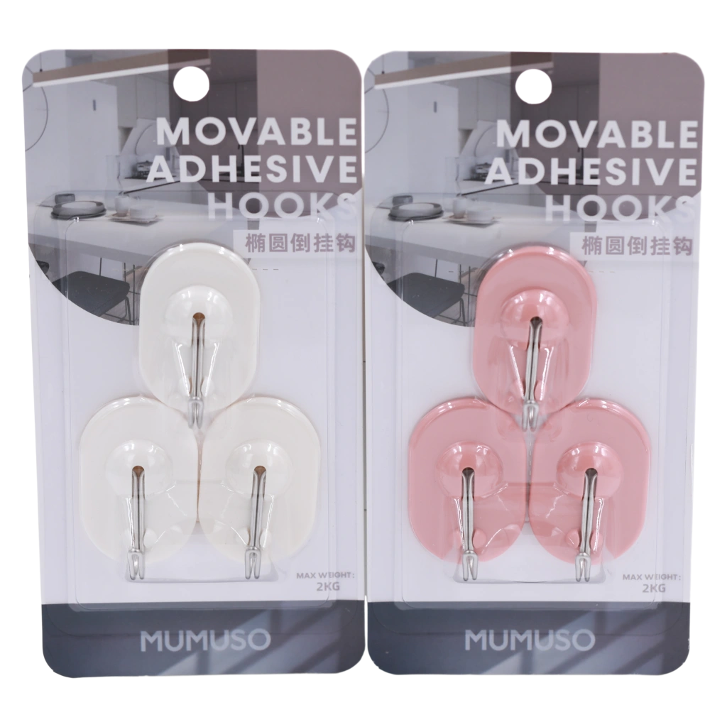 3er-Pack Klebehaken oval aus ABS und Edelstahl (Weiß/Rosa)