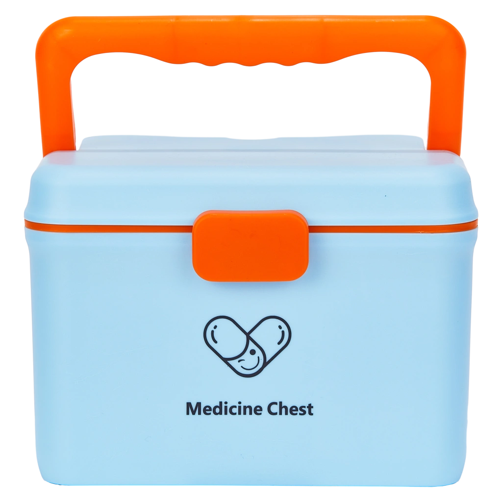 Doppelstöckige Aufbewahrungsbox für Medikamente mit Griff, kompakt (Blau/Orange)