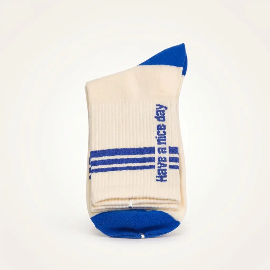 Crew-Socken Damen Baumwollmischung mit Streifen-Design und Schriftzug (Weiß/Blau)