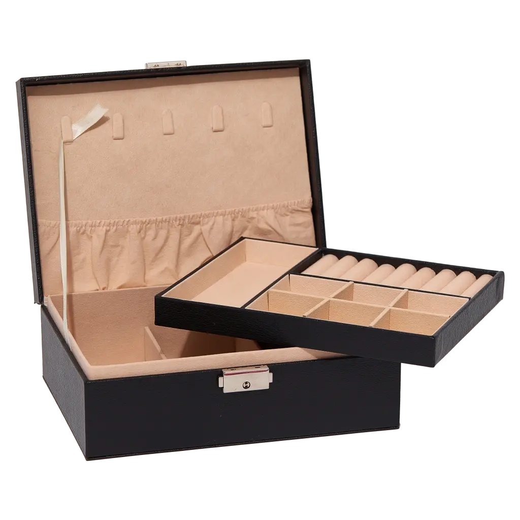 Zweilagige Schmuckbox aus PVC-Leder und Flanell zur Schmuckaufbewahrung (Schwarz) – weitere Produktansicht