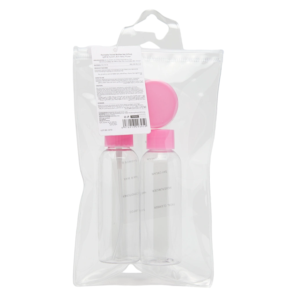 3-teiliges Kunststoff-Reiseflaschen Set für Kosmetik und Flüssigkeiten (Transparent/Rosa)