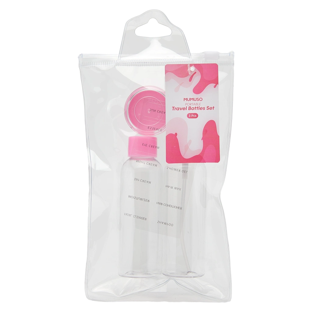 3-teiliges Kunststoff-Reiseflaschen Set für Kosmetik und Flüssigkeiten (Transparent/Rosa)