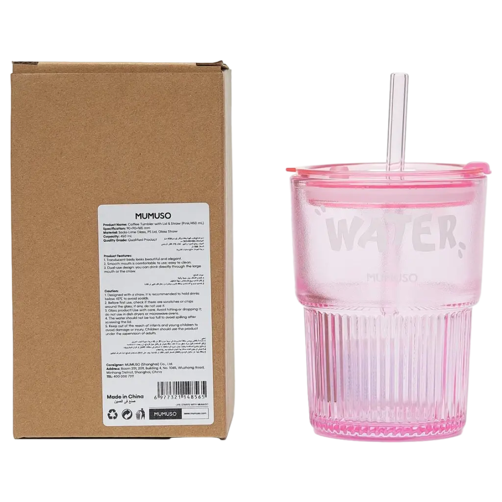 Coffee Tumbler aus Glas mit Deckel und Glasstrohhalm, 450 ml (Rosa)