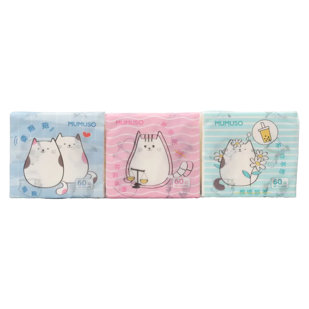 Taschentücher aus Rohholzstoff mit Katzen-Design, 60 Blatt (Blau/Rosa/Mint)