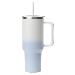 Isolierbecher aus Edelstahl mit Henkel und Strohhalm, 1200 ml, Kollektion Kirschblüte (Blau)