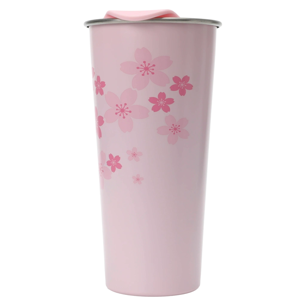 Isolierbecher aus Edelstahl und Polypropylen, 500 ml mit Kirschblüten-Design (Rosa)