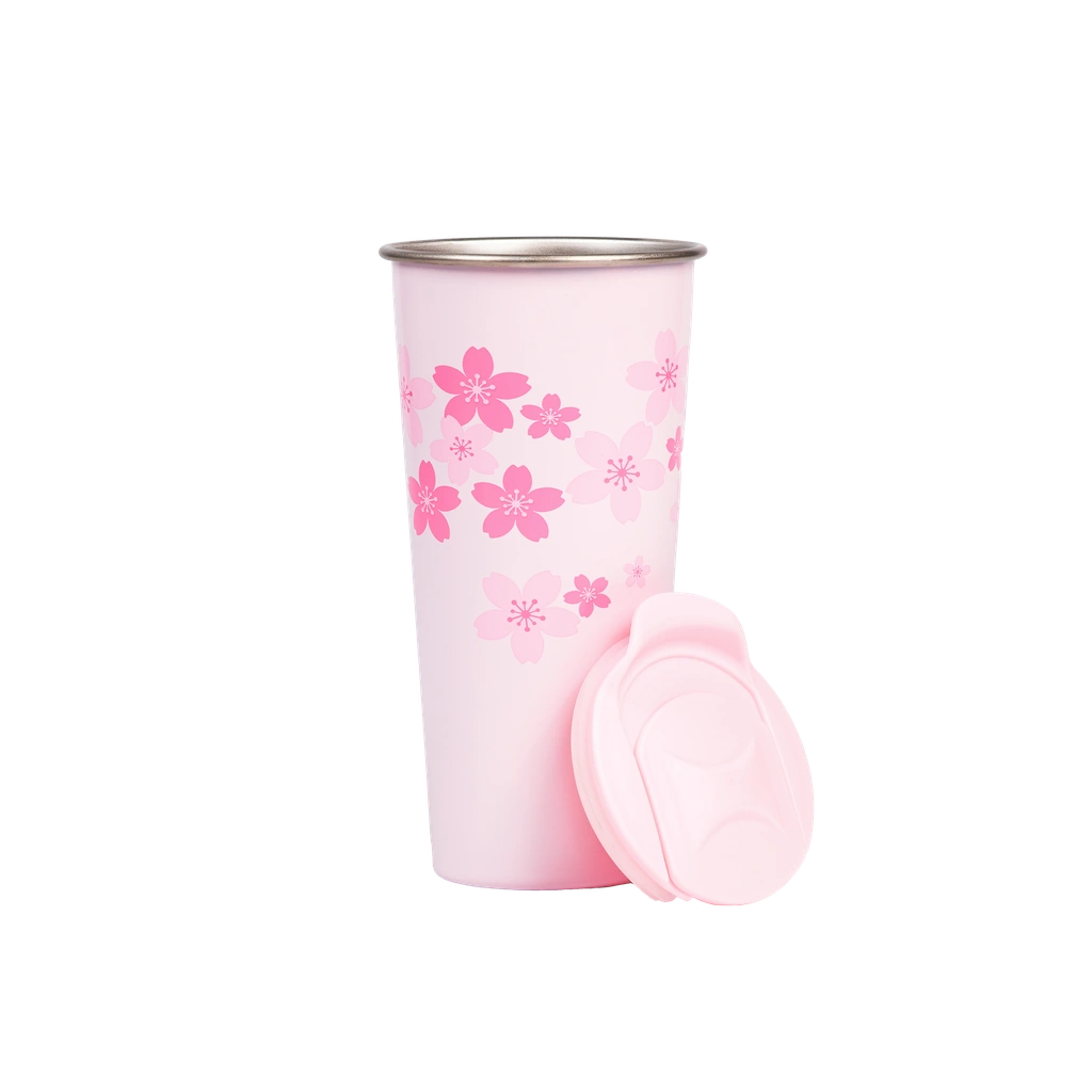 Isolierbecher aus Edelstahl und Polypropylen, 500 ml mit Kirschblüten-Design (Rosa)