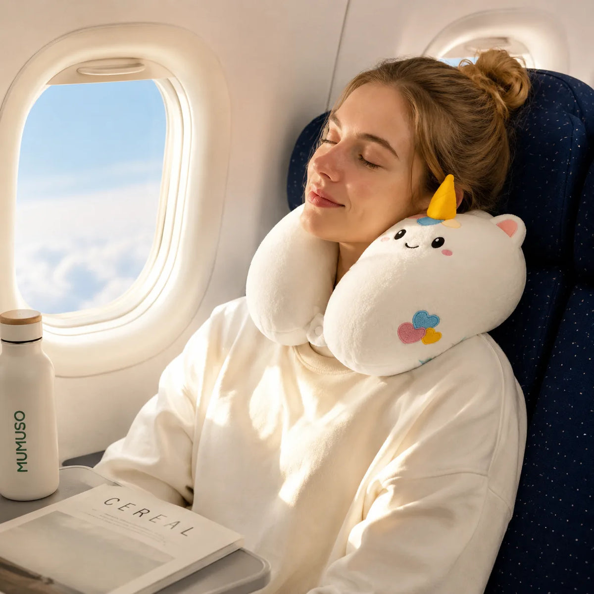 Cremeweißes U-förmiges Einhorn-Nackenkissen bei einer Flugreise