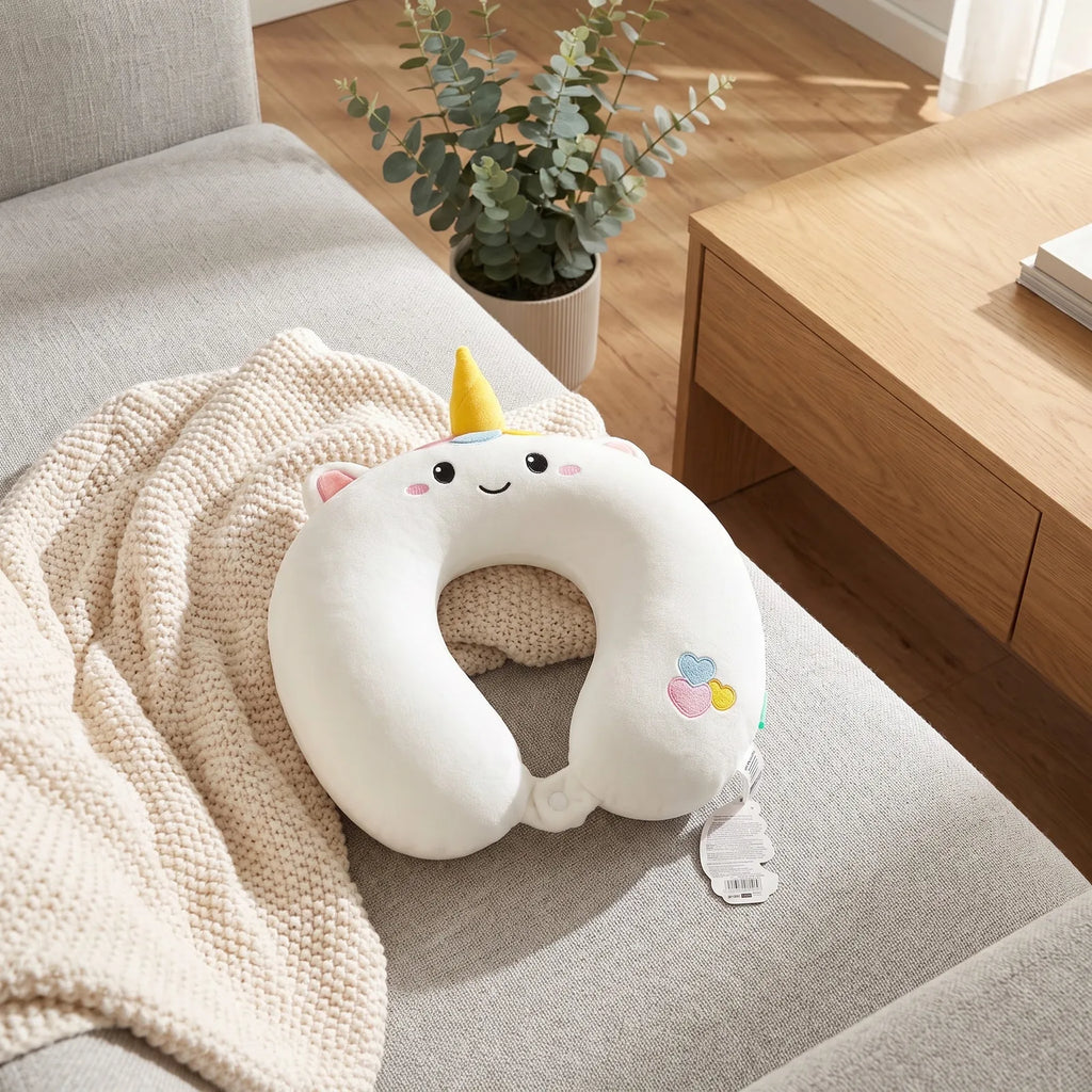 Cremeweißes Memory-Foam-Nackenkissen der Einhorn-Serie auf einem Sofa