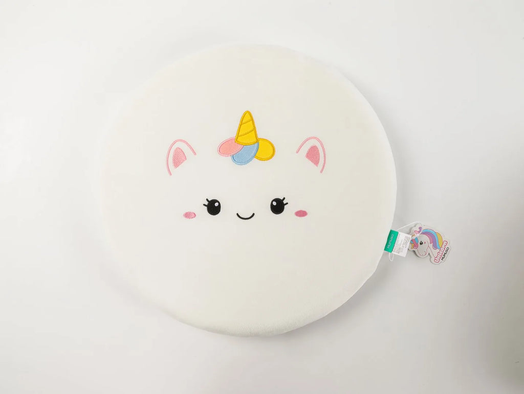 Rundes weißes Memory-Foam-Sitzkissen mit Einhornmotiv vor weißem Hintergrund