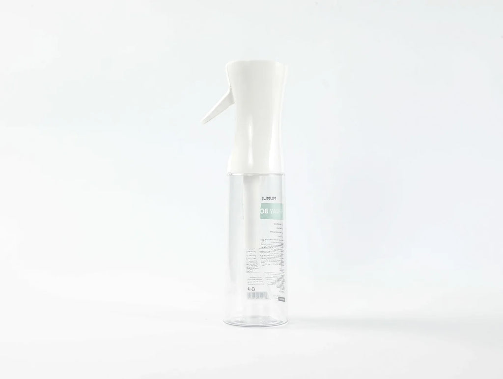 MUMUSO Hochdruck Sprühflasche mit weißem Sprühkopf vor weißem Hintergrund