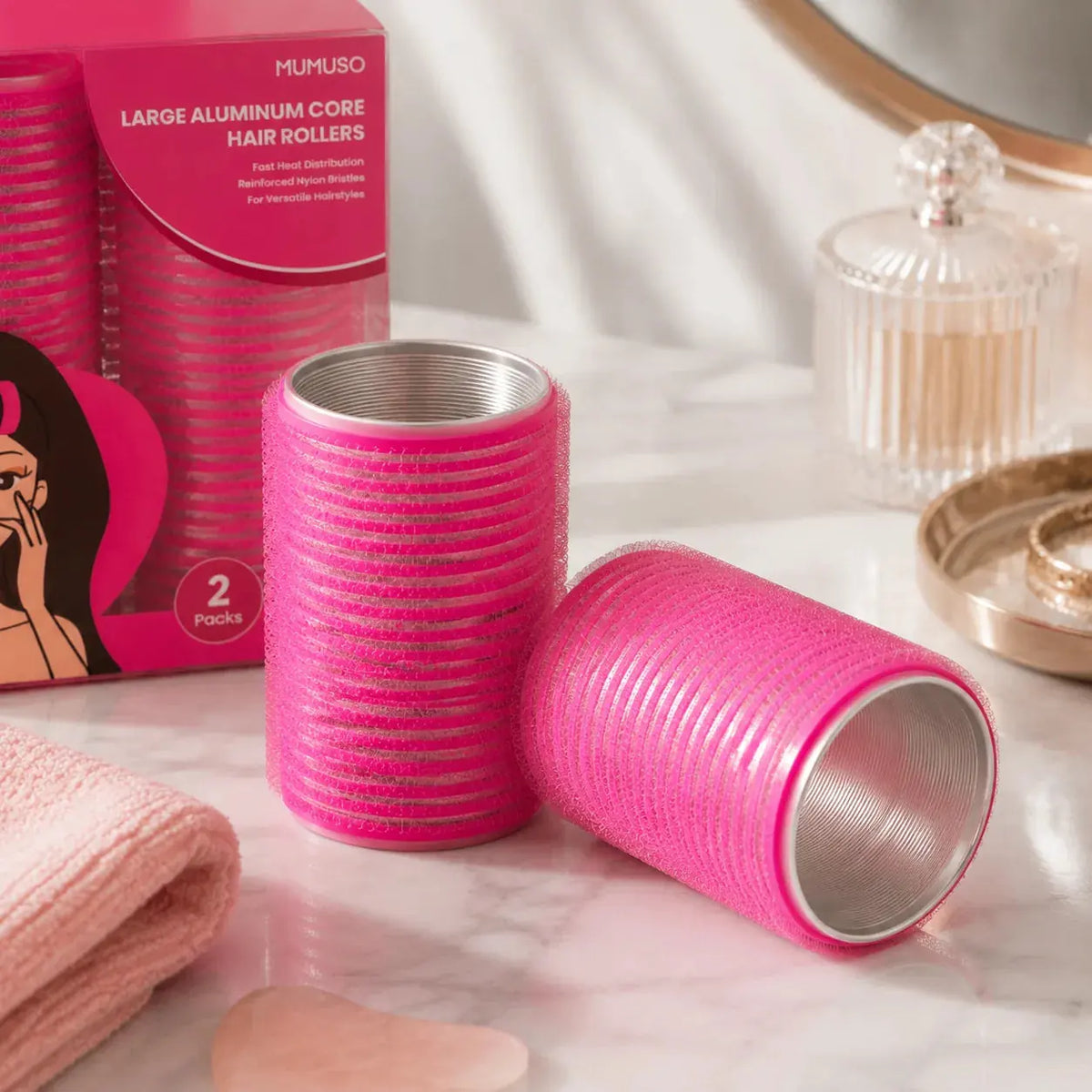 Zwei pinke MUMUSO Large Haarwickler mit sichtbarem Aluminiumkern